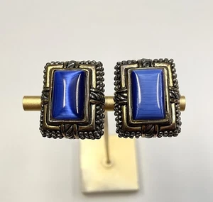 Orecchini Vintage Occhio di Tigre Blu Finta Pietra Grossa Tono Oro Clip On Statement - Foto 1 di 6