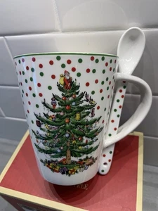 Spode Christmas Tree Mug & Spoon Polka Dot Holiday Porcelain Set NIB - Picture 1 of 8