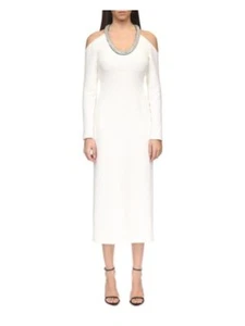 DAVID KOMA Womens White Crystal Long Sleeve Midi Evening Sheath Dress 6 - Picture 1 of 9