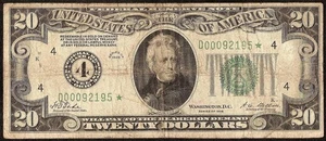 STAR 1928 $20 NUMBER 4 SEAL GOLD ON DEMAND FEDERAL RESERVE NOTE PAPER MONEY - Picture 1 of 3