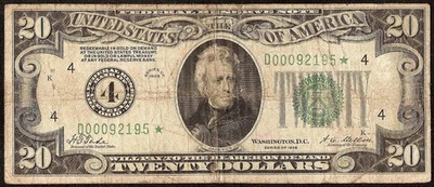 STAR 1928 $20 NUMBER 4 SEAL GOLD ON DEMAND FEDERAL RESERVE NOTE PAPER MONEY - Image 1 of 3