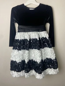 Rare Editions Girls Black/White Velvet Floral Formal Dress Long Sleeve Size 6 - Picture 1 of 4