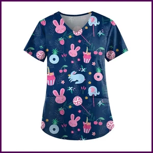Ostern Tag Damen Hase bedruckt medizinische Uniform Krankenpflege Peeling Tops Kaninchen Shirt - Bild 1 von 34