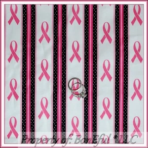 BonEful FABRIC FQ Cotton Quilt White Pink B&W Ribbon Stripe Breast Cancer Lady S - Picture 1 of 11