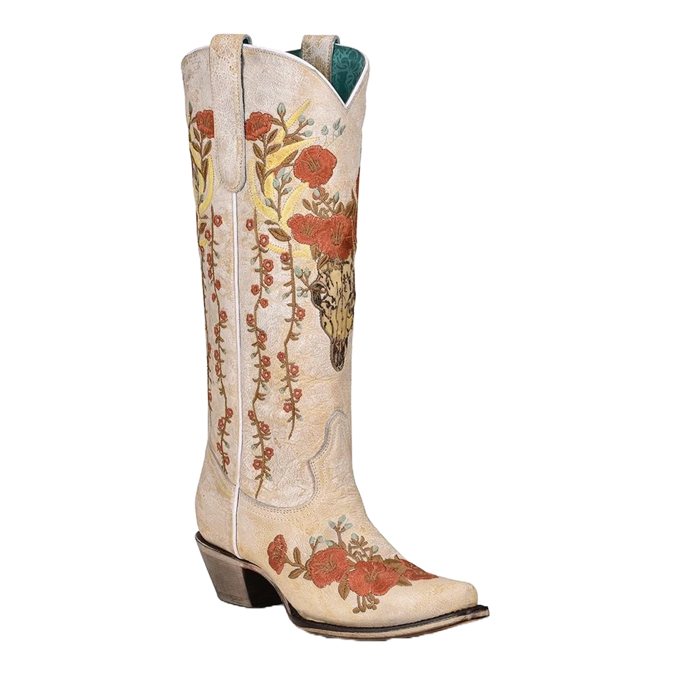 Botas Corral Damas Blancas Floral y Ciervo Bordadas Punta Corta A4186 Foto 1 de 1