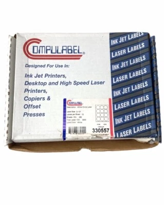 COMPULABEL #330557 - 180 Sheets Circle Round 2.5” White Matte Label - 2160 Total - Image 1 of 4