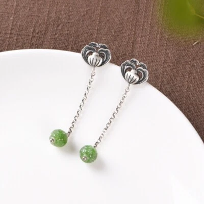 I05 Orecchini Forma Sferica Fiore Di Verde Giada Argento Sterling 925 - Immagine 1 di 4