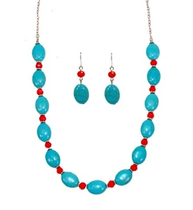 Turquoise stone and red glass bead necklace and earring set w/ oval shape stones - Picture 1 of 10
