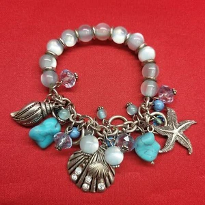 Nautical Charm Shell Bead Turquoise Bangle Bracelet - Picture 1 of 12