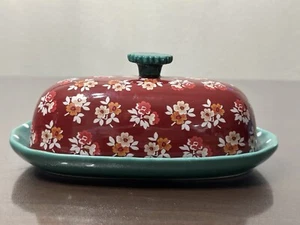 Pioneer Woman Fall Flowers Butter Dish Burgundy & Teal Green - Picture 1 of 7