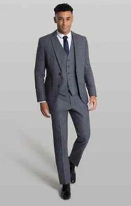 Mens Grey Checked Three Piece Suit Wool Slim Fit Tom Percy RRP £329.99 - Picture 1 of 12