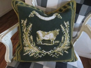 Aubusson style FRENCH COUNTRY Needlepoint Pillow Cover COW Gold & Drk Grn - Picture 1 of 10