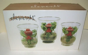 Hurricane Candle Holders Elements Set 3 Holly Hand painted  Glass Christmas  - Picture 1 of 7