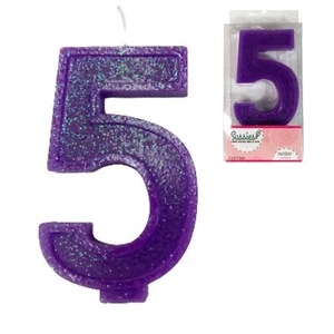Large Number Candle Big 5 5th Birthday 3” Purple Sparkle Glitter Art Cake Topper - Picture 1 of 5