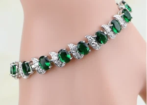 Silver tone Lab Created Green Emerald & AAA CZ Tennis Bracelet - Picture 1 of 2