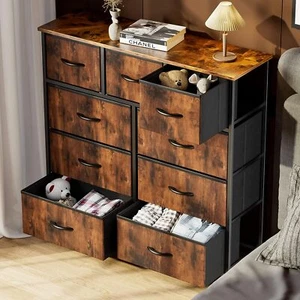 Rust Brown 9 Storage Drawers Dresser Bedroom Wood Dresser Fabric Storage Tower - Picture 1 of 9