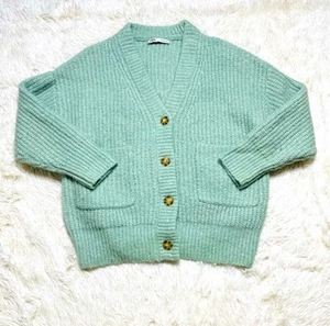 Zara Sweater Women Medium Green Chunky Knit Button Up Oversized Cardigan M - Picture 1 of 8