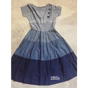 Vintage 50s/60s Dress, Short Sleeve Summer Striped Blue Gray - Picture 1 of 7