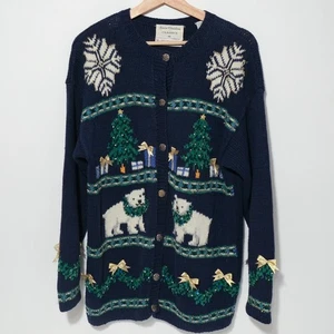 Vintage 1995  Marisa Christina Polar Bear Christmas Sweater Medium Blue Cardigan - Picture 1 of 14