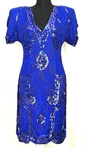 1980s Vntg Cache Blue Silk Beaded & Sequined Party Evening Cocktail Dress Sz M - Picture 1 of 11