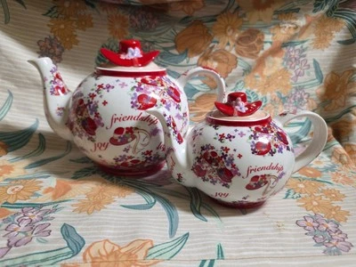 Two Pink Chintz Teapot Red Hat Society Cardew Design Porcelain 2004  - Image 1 of 4