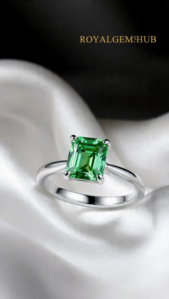925 Sterling Silver Diamond Ring Radiant Cut 2 Ct Green Lab Grown Royalgemshub🎉 - Image 1 of 4