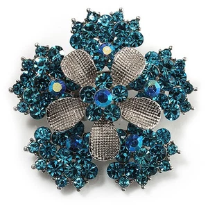 Light Blue Crystal Flower Brooch (Silver Tone) - Picture 1 of 4