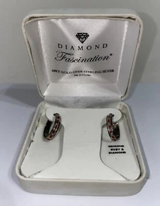 Earrings 18k Gold Over Sterling Silver Genuine Ruby & Diamond Hoop - Picture 1 of 7