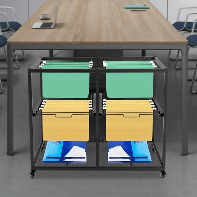 2 Tiers 4 Drawers Rolling Metal Hanging File Cart Mobile Storage Organizer Black - Image 1 of 4