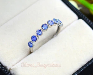 Anillo de compromiso redondo de plata maciza 925 con piedras preciosas naturales de tanzanita de 3 mm para mujer - Imagen 1 de 12