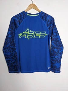 ASICS Shirt Kids Youth L Large 14/16 Blue Logo Running Reflective Jersey Fitness - Picture 1 of 18