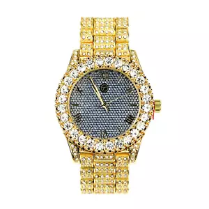 Techno Pave Men's Bling Gold Plated CZ Metal Band Watches WM 8719 GBK - Picture 1 of 2