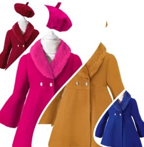 Girls Elegant Winter/Fall Coat & Beret With Button Flare Sleeve Fleece Collar - Picture 1 of 18