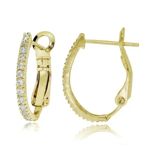 Gold Tone Sterling Silver Cubic Zirconia Oval J-Hoop Earrings, 21mm - Picture 1 of 3