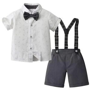 Toddler Baby Boy's Summer Shorts Suit White Printed Dress Shirt Bowtie + Blac... - Picture 1 of 7