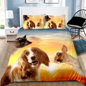 Animal Family Dog Cat Quilt/Duvet/Doona Cover Set Single Double Queen King Size - Picture 1 of 2