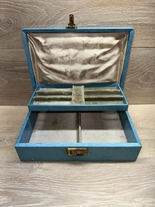Vintage Jewelry Box 1950s Vintage Velvet Satin Lined Aqua - Picture 1 of 18