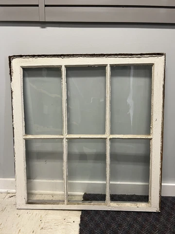 Vintage Wood Window sash 6 pane GLASS picture frame chic White antique salvage D Cover