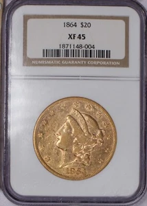 1864 Gold Liberty Head $20 NGC XF45. P.Q. Rare Civil War Date. - Picture 1 of 2
