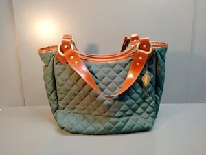 Mz WALLACE Green / Blue Quilted Bag With Brown Chunky Straps And Trim 16" X 11" - Bild 1 von 9