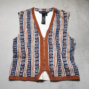 Vintage IB DIFFUSION Geometric Denim Vest Women 10 Tribal Aztec Boho Western - Picture 1 of 8