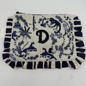 Anthropologie Clutch Perlen bestickt Monogramm "D" blau weiß Toile Pailletten - Bild 1 von 8