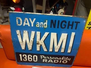 Vintage WKMI 1360 Radio Station Metal Green Back Sign 20" x 16" Michigan - Picture 1 of 2
