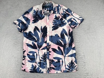 Perry Ellis Shirt Adult Large Pink Blue Floral Leaf Hawaiian Button Linen Blend - Image 1 of 4