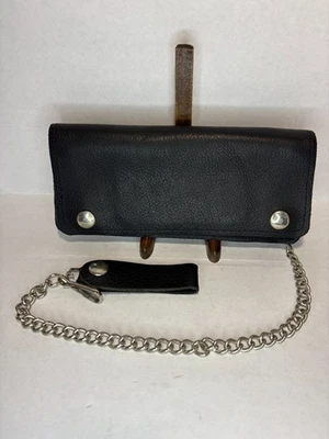 Carteira masculina de couro genuíno com corrente motociclista caminhoneiro 8" dobrável NOVA - Imagem 1 de 4