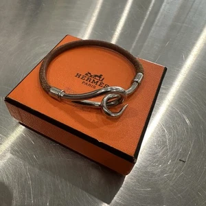 HERMES Jumbo Bangle Hook Bracelet Leather Silver Brown Tone - Picture 1 of 5