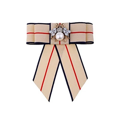 Vpang Crystal Bee Bow Brooch Pre-Tied Neck Tie Brooch Pin Striped Bow Tie Beige - Image 1 of 4
