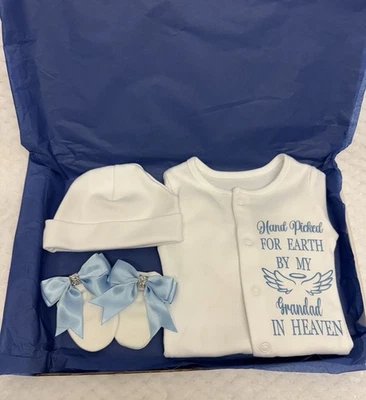 Newborn baby sleepsuit Hat Mitts  Personalised Handpicked For Earth Heaven X - Image 1 of 4