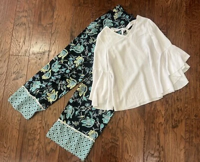 Camisa branca Amy Byer 2 peças tamanho grande para meninas/calça floral preta, B#19 - Imagem 1 de 4