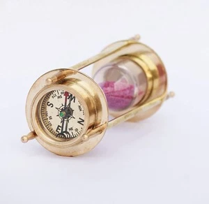 6" Brass Hourglass 2 Min Sand Timer Revolving Compass On Top Nautical Gift - Picture 1 of 5